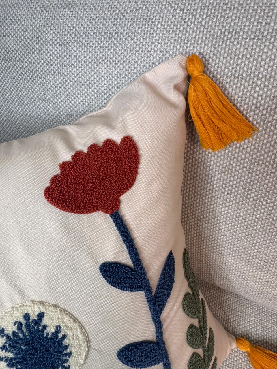 Bloomfield Collection - Square Embroidered Floral Cushion with Tassels