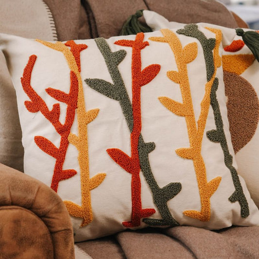 Abstract Garden Collection square cushion cover with embroidered stems in red, mustard yellow, and olive green, finished with green tassels – 43x43 cm decorative pillow