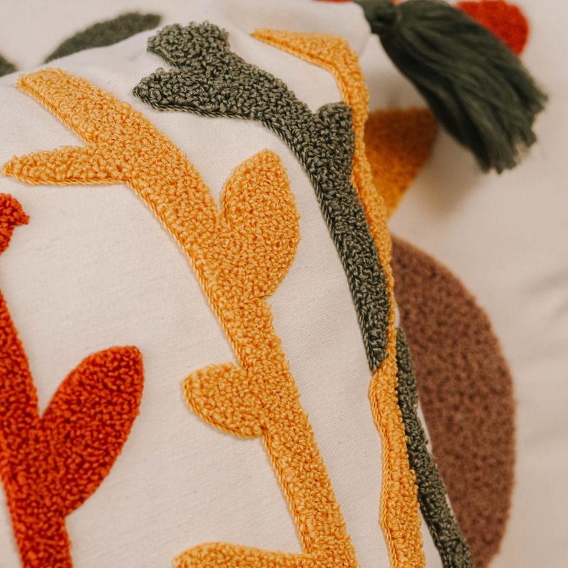 Abstract Garden Collection square cushion cover with embroidered stems in red, mustard yellow, and olive green, finished with green tassels – 43x43 cm decorative pillow