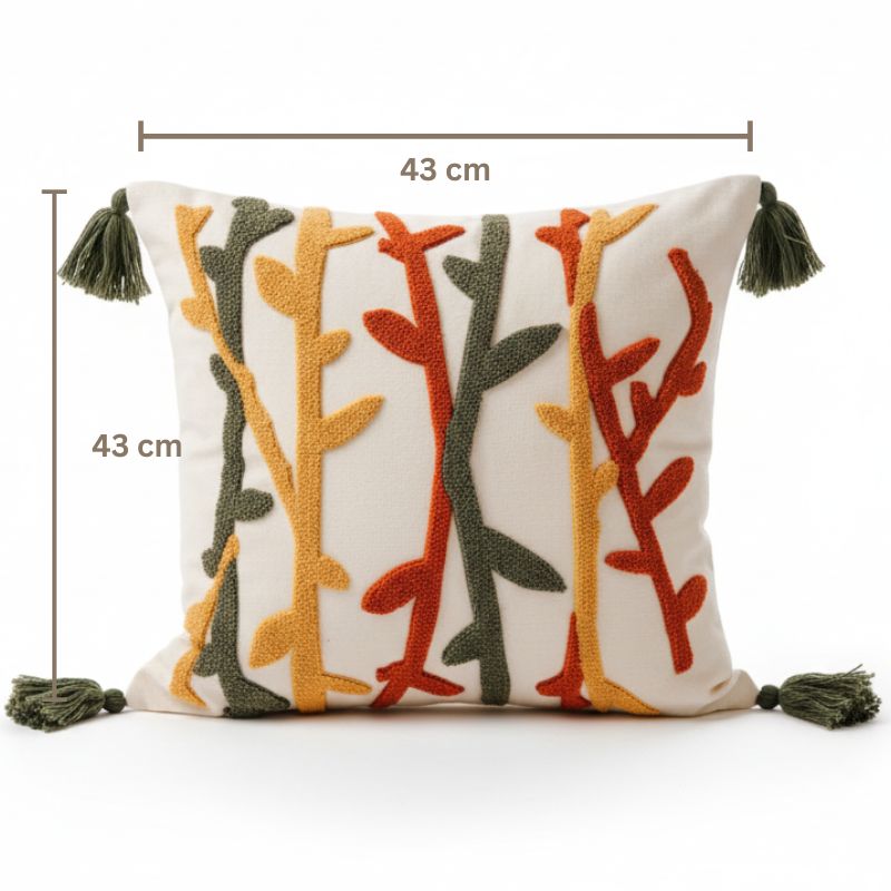 Abstract Garden Collection square cushion cover with embroidered stems in red, mustard yellow, and olive green, finished with green tassels – 43x43 cm decorative pillow