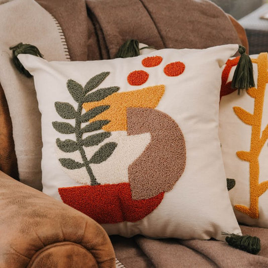 Abstract Garden Collection square vase embroidered cushion cover with green tassels in red, mustard, beige, and olive green – 43x43 cm decorative pillow