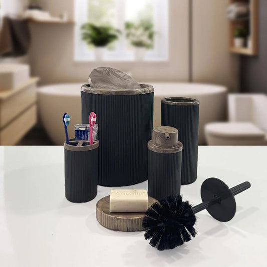 Black bathroom accessories set with grey acrylic accents – 5 pieces
