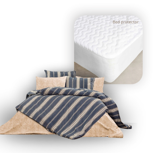 MINTEKS Natural Life Duvet Cover Ella in blue and beige stripes with 1 free waterproof white bed protector – Mix and Match bedding from KeyHomeLB.