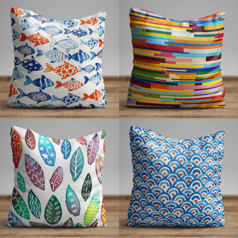 Blue geometric wave pattern cushion cover with repeating ocean-inspired design on decorative pillow