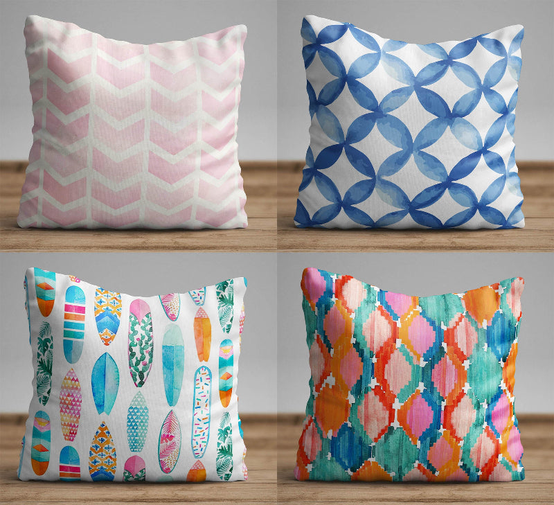 Colorful ikat pattern cushion cover with watercolor geometric design in teal, pink, and orange tones