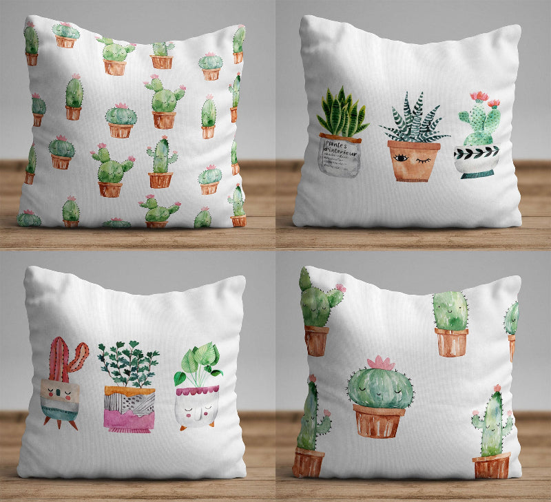 Cute cactus pattern cushion cover with repeating watercolor potted plants on decorative pillow