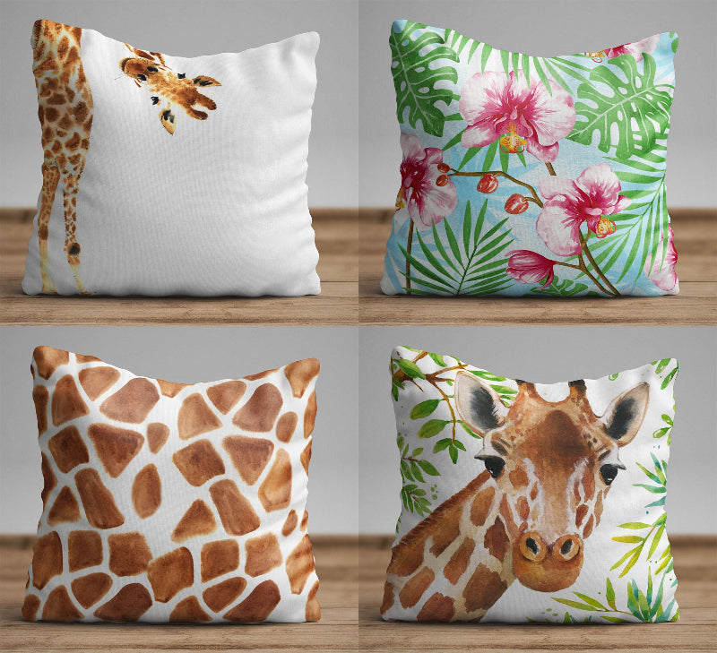 Giraffe print cushion cover with brown watercolor animal pattern on decorative pillow