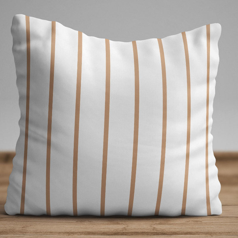 Minimal white cushion with thin beige vertical stripes in a modern neutral design