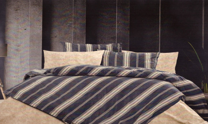 Navy blue and beige striped bedding set with cotton duvet cover and pillows