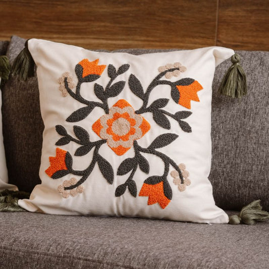 Folk Garden Collection folk embroidered floral cushion cover with tassels in black, beige, and orange – 43x43 cm decorative pillow