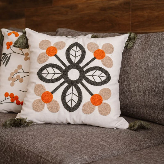 Folk Garden Collection geometric floral embroidered cushion cover with tassels in black, beige, and orange – 43x43 cm decorative pillow