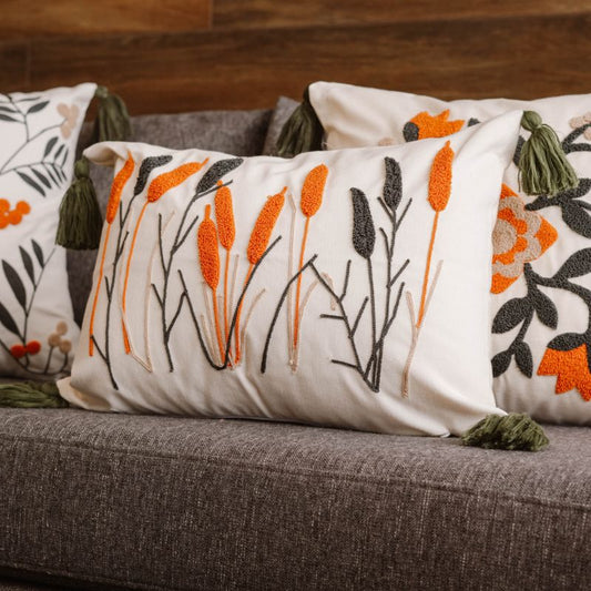 Folk Garden Collection rectangular botanical embroidered cushion cover with tassels featuring green leaves and burnt orange reeds – 35x50 cm rectangle pillow