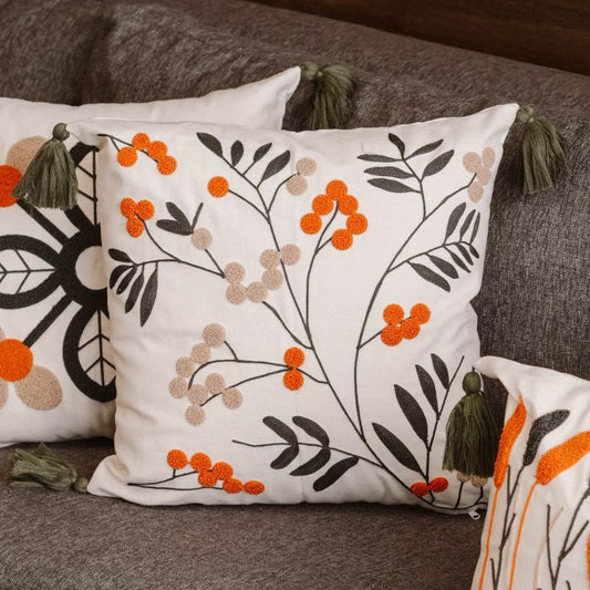 Folk Garden Collection botanical embroidered cushion cover with tassels featuring green leaves and orange-red berries – 43x43 cm decorative pillow