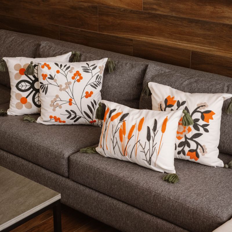 Folk Garden Collection rectangular botanical embroidered cushion cover with tassels featuring green leaves and burnt orange reeds – 35x50 cm rectangle pillow