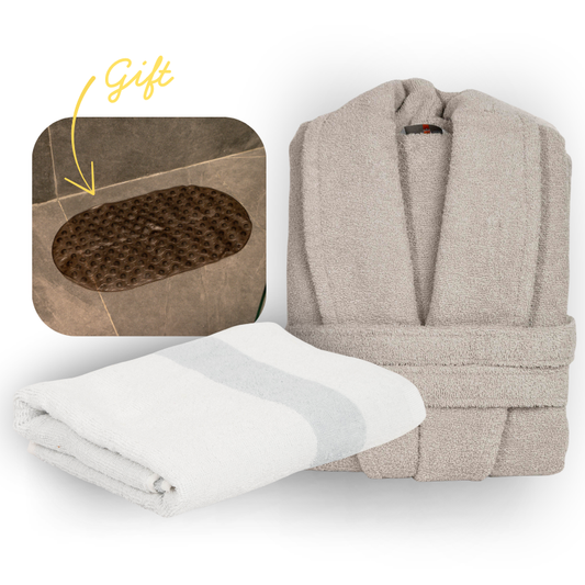 Grey cotton bathrobe with Ocean Row white and grey striped towel, plus free grey anti-slip mat gift – Mix and Match bathroom essentials from KeyHomeLB.