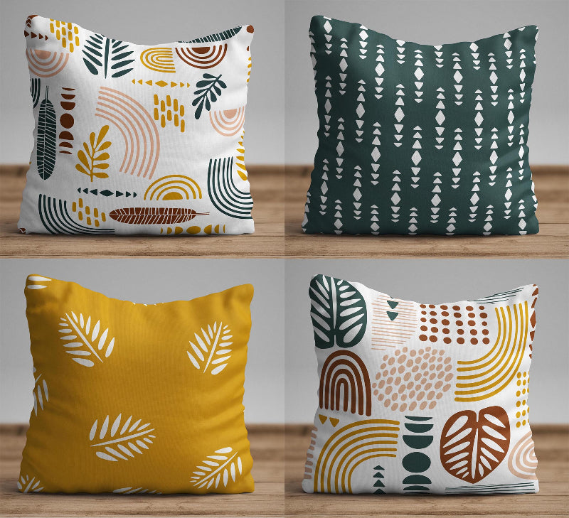 Modern abstract cushion cover with geometric shapes and earth tone colors on decorative pillow