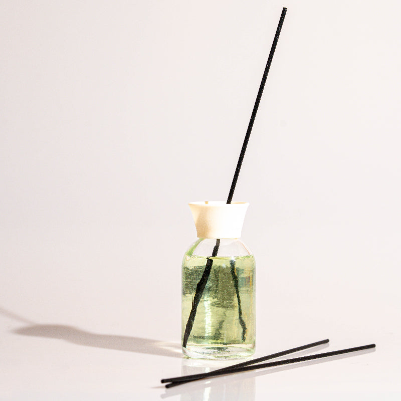 Elegant glass vanilla reed diffuser with fragrance oil and natural sticks for home fragrance