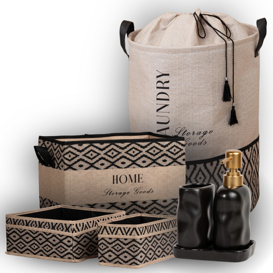 Beige and black home storage bundle with large laundry basket, HOME Storage Goods basket, two small patterned storage boxes, and black ceramic soap dispenser set with gold pump – KeyHomeLB Mix and Match Collection.