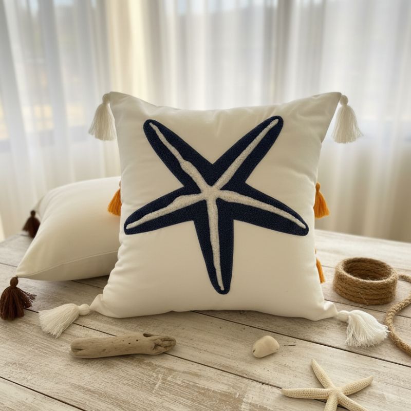 White cushion cover with embroidered navy blue starfish and tassel corners – 43x43 cm coastal pillow cover