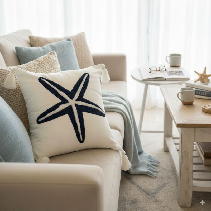 White cushion cover with embroidered navy blue starfish and tassel corners – 43x43 cm coastal pillow cover