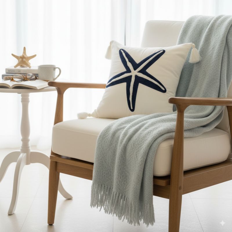 White cushion cover with embroidered navy blue starfish and tassel corners – 43x43 cm coastal pillow cover