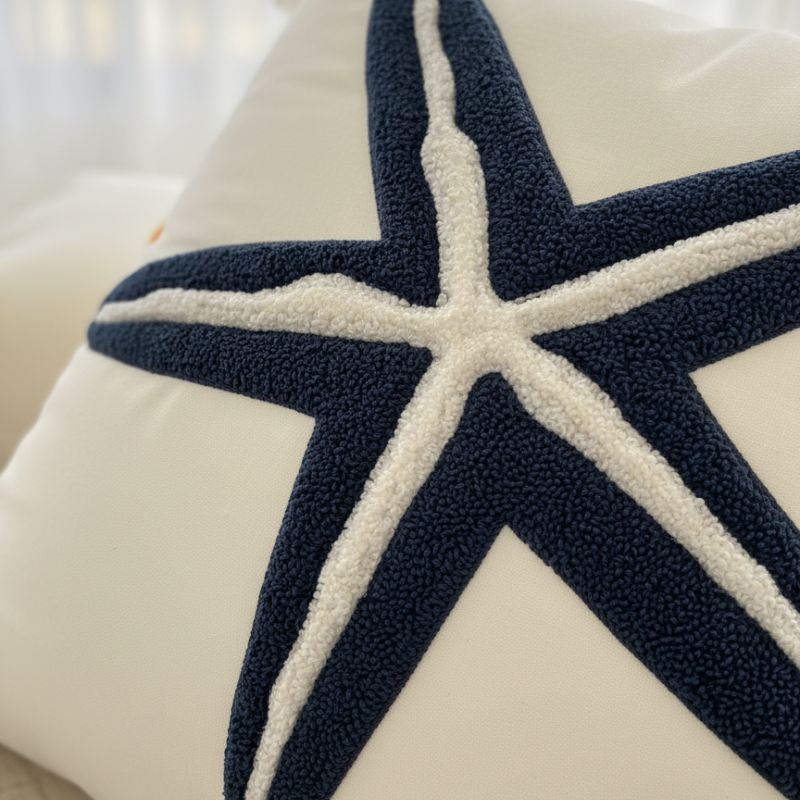White cushion cover with embroidered navy blue starfish and tassel corners – 43x43 cm coastal pillow cover