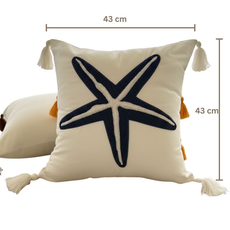 White cushion cover with embroidered navy blue starfish and tassel corners – 43x43 cm coastal pillow cover