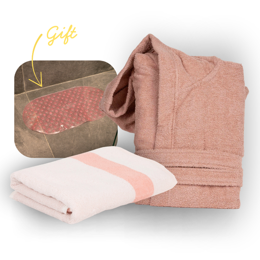 Pink cotton bathrobe with Ocean Row white and pink striped towel, plus free pink anti-slip mat gift – Mix and Match bathroom essentials from KeyHomeLB.