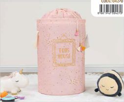 Round Pink Fabric Storage Basket with Drawstring