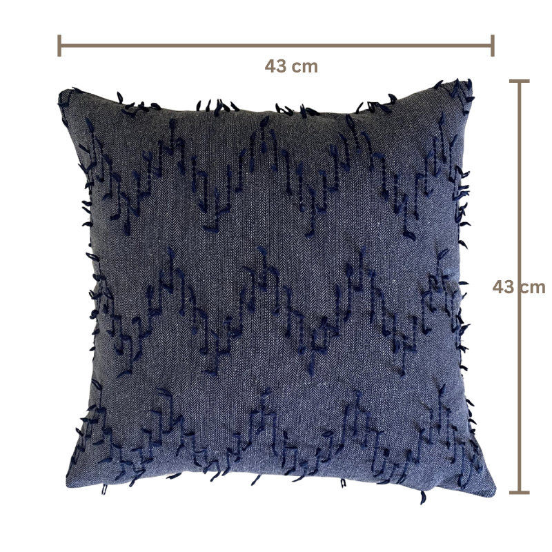 Polka Zigzag Collection – 43x43 cm Jeans Blue a embroidered cushion cover on beige sofa