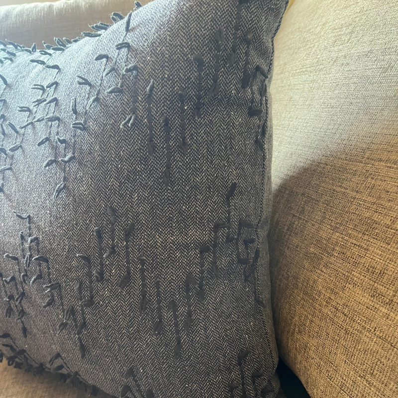 Polka Zigzag Collection – 43x43 cm Stone Grey a embroidered cushion cover on beige sofa