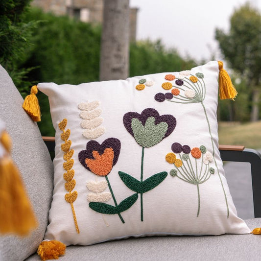 Wildflower Series square heart bloom embroidered cushion with tassels