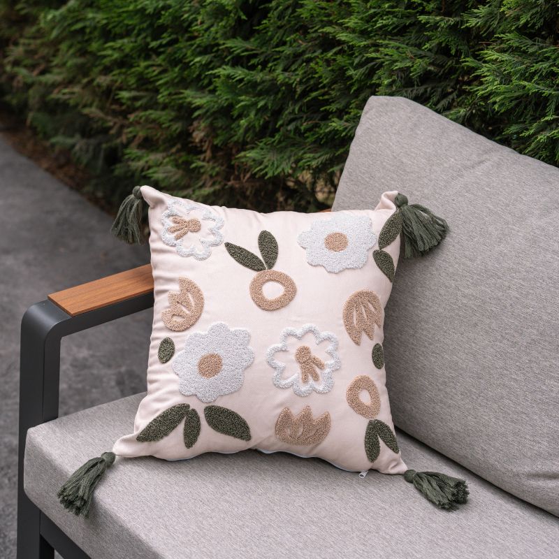 Evergreen Collection floral embroidered cushion cover with white and beige flowers, green leaves, and green tassels – 43x43 cm decorative pillow