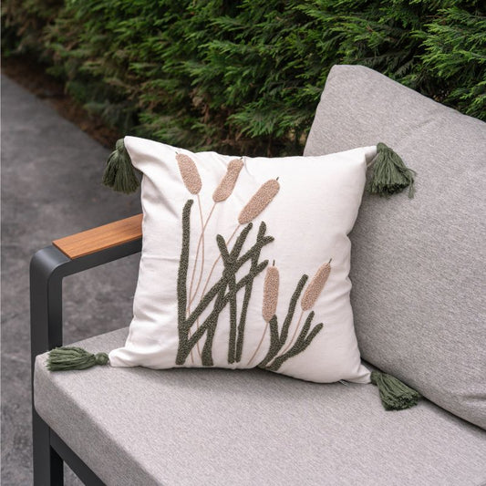 Evergreen Collection reed embroidered cushion cover with beige cattails, green stems, and green tassels – 43x43 cm decorative pillow