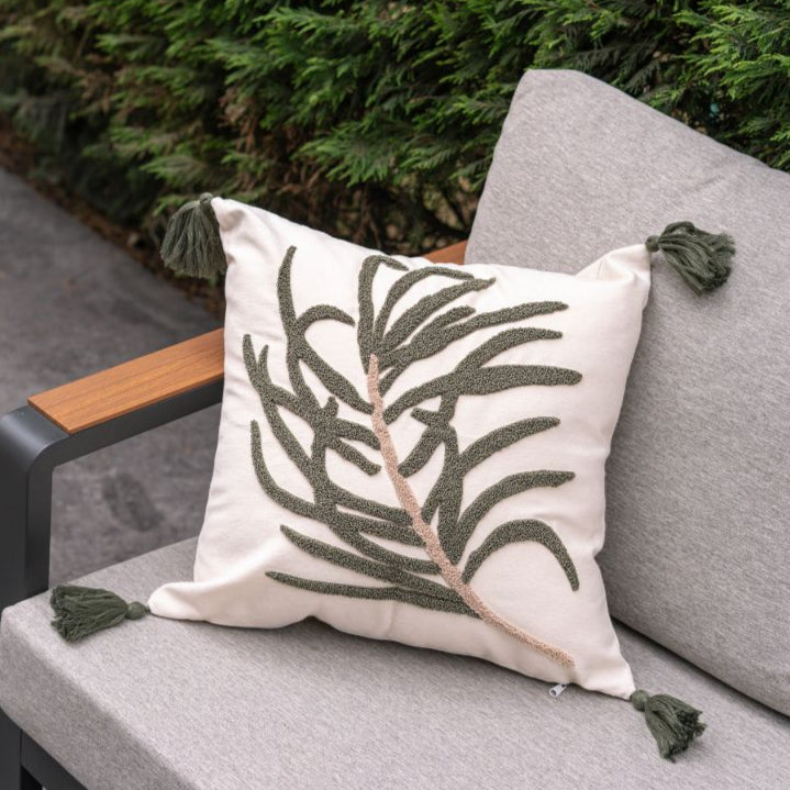 Evergreen Collection botanical leaf embroidered cushion cover with green tassels on cream background – 43x43 cm decorative pillow
