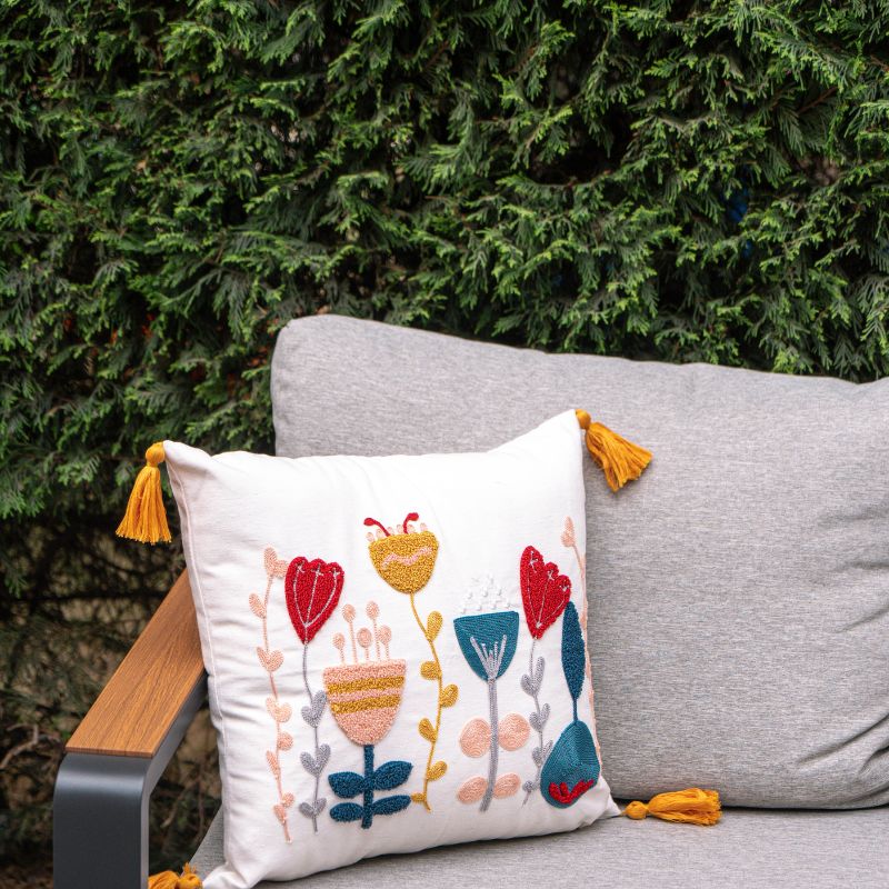 Contempo Floral Collection square embroidered cushion cover with yellow tassels, featuring tulip and heart floral motifs in red, yellow, and blue – 43x43 cm decorative pillow