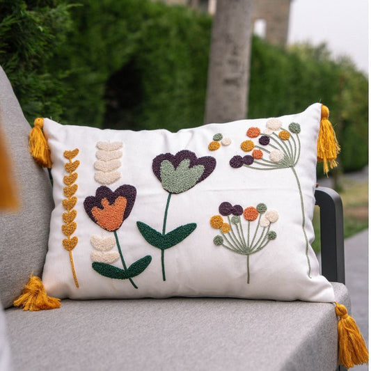 Wildflower Series rectangle heart bloom embroidered cushion with tassels