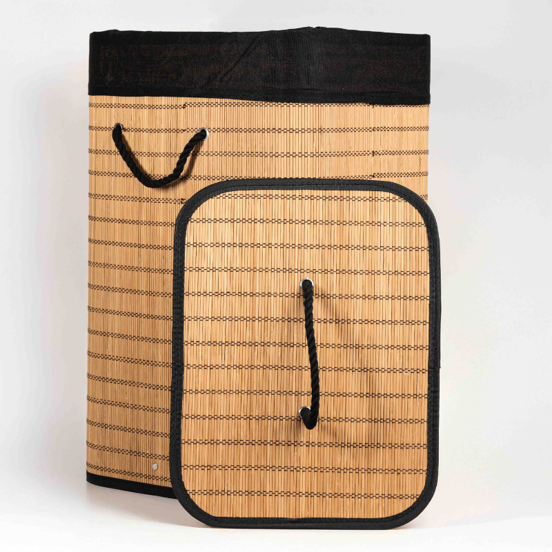 Rectangle bamboo laundry basket with lid and black fabric lining.