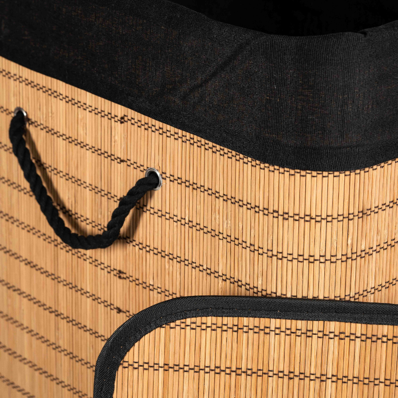 Rectangle bamboo laundry basket with lid and black fabric lining.