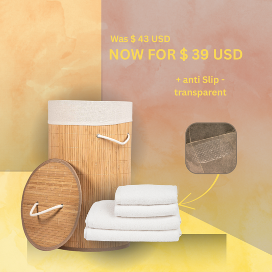 Main Bundle Image: “White bathroom essentials bundle with bamboo laundry basket, pure white towels, white bath mat, and transparent anti-slip mat.”