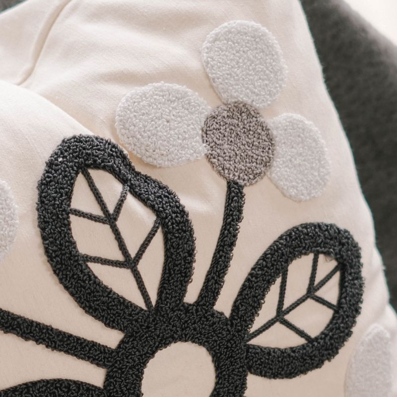 Timeless Collection square embroidered cushion cover in navy and grey petal motif with light grey tassels – 43x43 cm