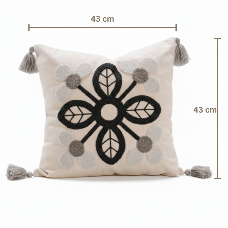 Timeless Collection square embroidered cushion cover in navy and grey petal motif with light grey tassels – 43x43 cm