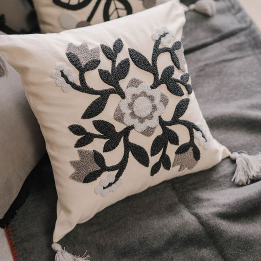 Timeless Collection square embroidered cushion cover with grey floral medallion and tassels – 43x43 cm