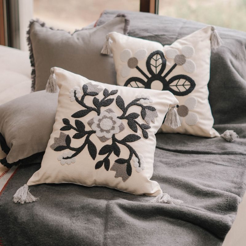 Timeless Collection square embroidered cushion cover with grey floral medallion and tassels – 43x43 cm