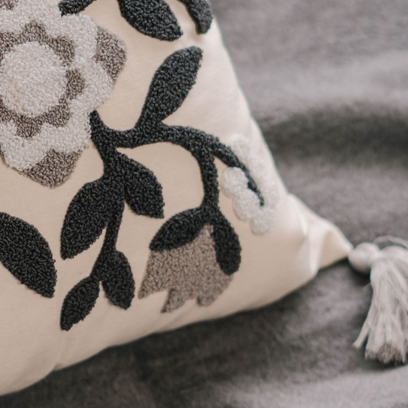 Timeless Collection square embroidered cushion cover with grey floral medallion and tassels – 43x43 cm