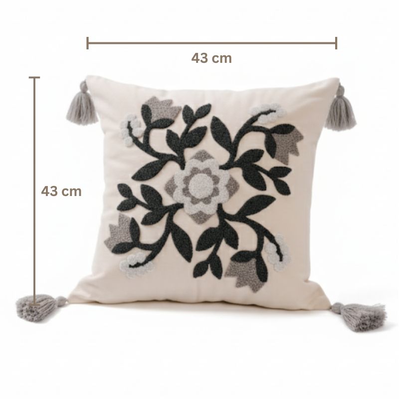 Timeless Collection square embroidered cushion cover with grey floral medallion and tassels – 43x43 cm