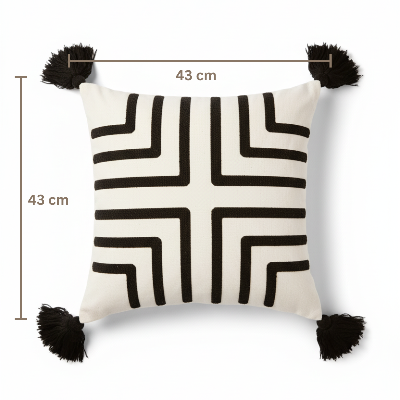 Urban Collection square maze line embroidered cushion cover in black and white with black tassels – 43x43 cm decorative pillow