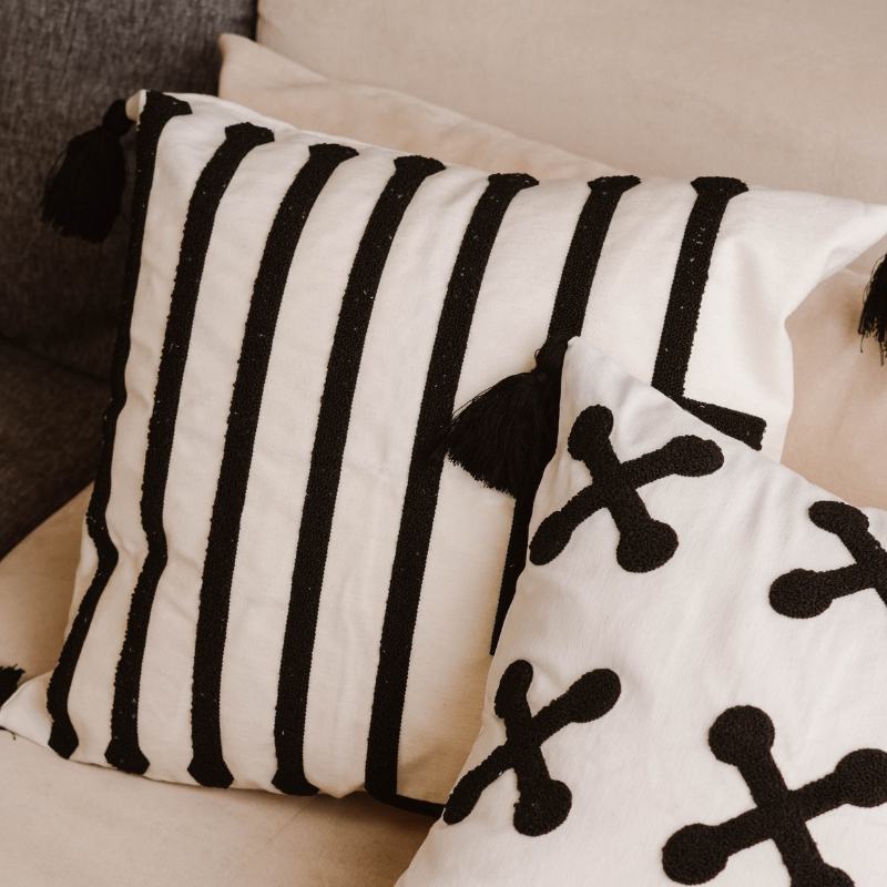 Urban Collection square parallel line embroidered cushion cover in black and white with black tassels – 43x43 cm decorative pillow