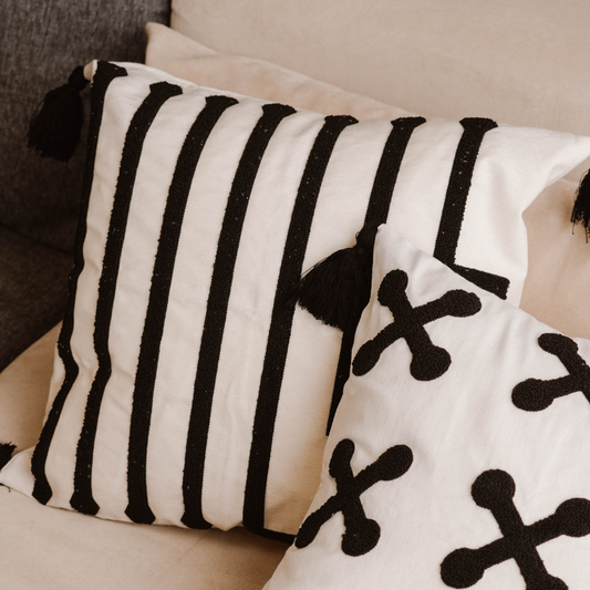 Urban Collection square parallel line embroidered cushion cover in black and white with black tassels – 43x43 cm decorative pillow