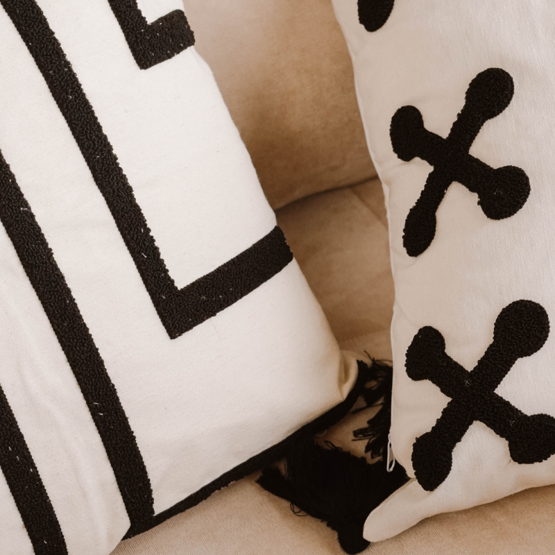 Urban Collection square parallel line embroidered cushion cover in black and white with black tassels – 43x43 cm decorative pillow